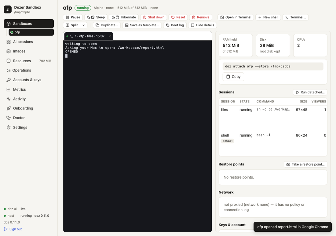 The open-file notice in the dashboard